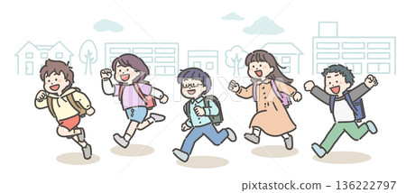 一群背著書包的小學生在鎮上奔跑。 136222797