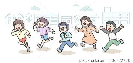 一群小學生在鎮上奔跑 136222798