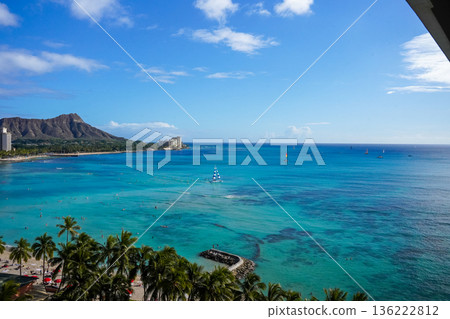 Hawaii Waikiki Beach and Diamond Head, a spectacular resort landscape with blue ocean and sky 136222812