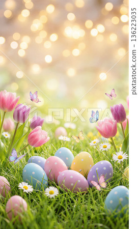 Vibrant Easter Eggs and Tulips in a Spring Meadow with Bokeh Lights 136223035