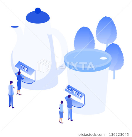 Isometric illustration of a giant coffee cup and tea server Isometric illustration of a giant coffee cup and tea server 136223045
