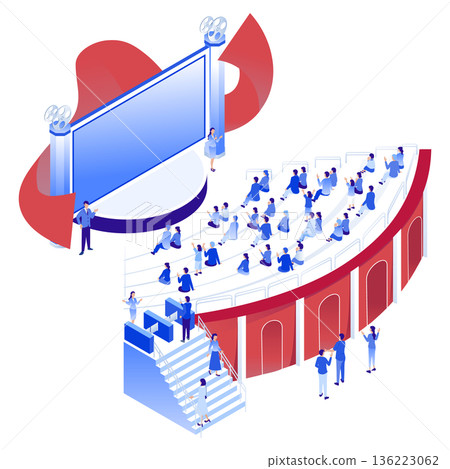 等距視角電影院/劇場插圖（觀眾席和巨幕） 136223062