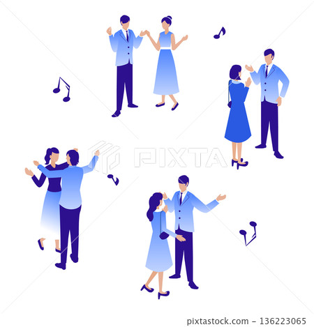 Vector illustration set of men and women chatting at a buffet party or social gathering 136223065