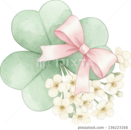 Watercolor of a green four leaf clover with a pink bow and white blossoms 136223168