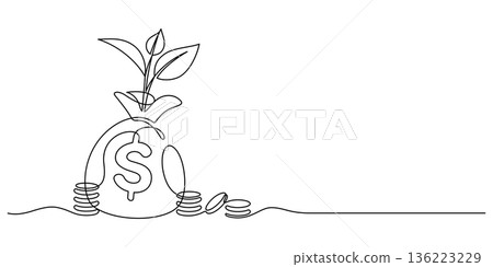 money bag fund coins stack one line drawing continuous 136223229