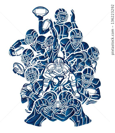 American Football Sport Team Group of Players Mix Action Cartoon Graphic Vector 136223292
