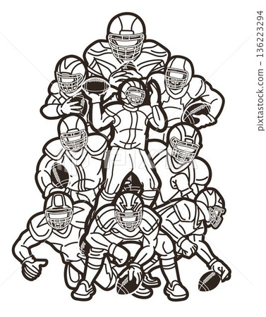 American Football Sport Team Group of Players Mix Action Cartoon Graphic Vector 136223294