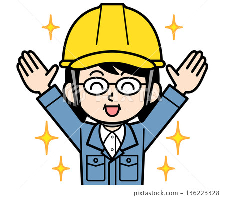 A middle-aged female site supervisor wearing a helmet who is pleased 136223328