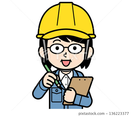 A middle-aged woman on a construction site wearing a helmet taking notes 136223377