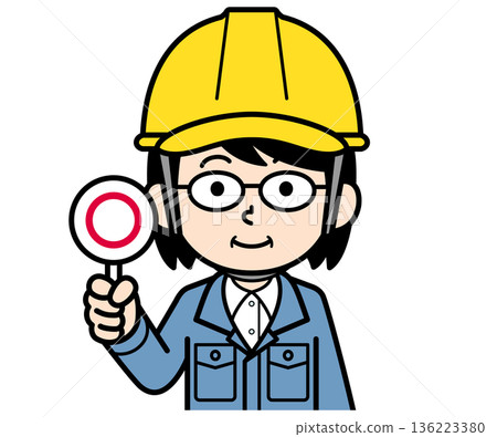 A middle-aged woman on a construction site wearing a helmet holding a round bill A middle-aged woman on a construction site wearing a helmet holding a round bill 136223380