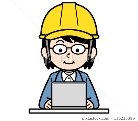A middle-aged female site supervisor wearing a helmet using a laptop 136223399