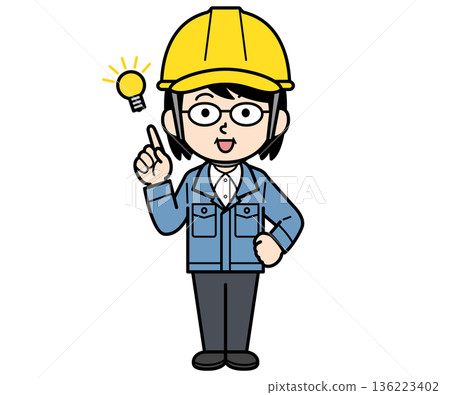 一位戴著安全帽的中年婦女在建築工地上想出了一個主意 一位戴著安全帽的中年婦女在建築工地上想出了一個主意 136223402