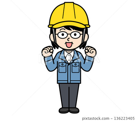 一名戴著安全帽的中年婦女在建築工地上揮舞著拳頭 一名戴著安全帽的中年婦女在建築工地上揮舞著拳頭 136223405