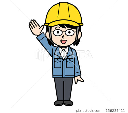 A middle-aged woman on a construction site wearing a helmet raising her hand A middle-aged woman on a construction site wearing a helmet raising her hand 136223411