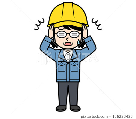 A middle-aged female site supervisor wearing a helmet who is shocked A middle-aged female site supervisor wearing a helmet who is shocked 136223423