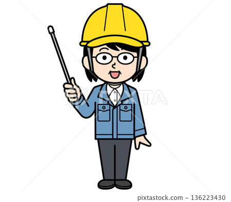 A middle-aged woman on-site supervisor wearing a helmet holding a pointer A middle-aged woman on-site supervisor wearing a helmet holding a pointer 136223430
