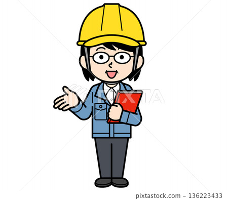 A middle-aged woman wearing a helmet and explaining a file A middle-aged woman wearing a helmet and explaining a file 136223433