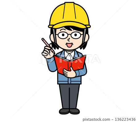 一名中年婦女在建築工地上戴著安全帽，正在文件上做筆記。 136223436