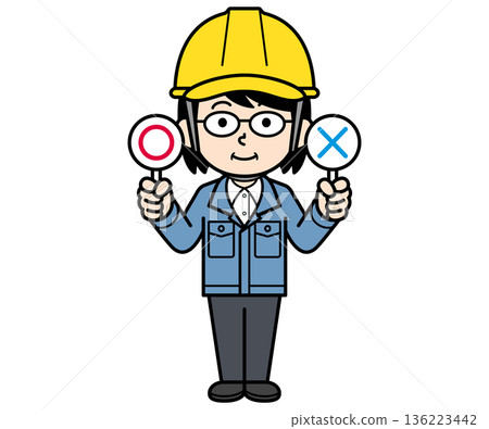 A middle-aged woman on a construction site wearing a helmet holding a rounded sign A middle-aged woman on a construction site wearing a helmet holding a rounded sign 136223442