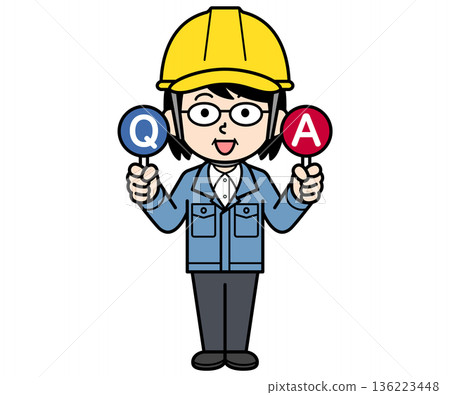 A middle-aged woman on a construction site wearing a helmet holding a Q&A sign 136223448