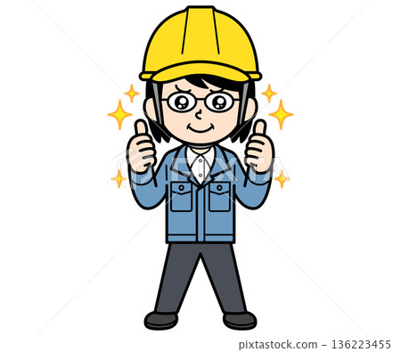 A middle-aged woman on a construction site wearing a helmet who is very satisfied 136223455