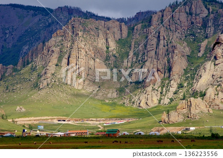 Tourist camp on the grassland in Terelj National Park, Mongolia Tourist camp on the grassland in Terelj National Park, Mongolia 136223556