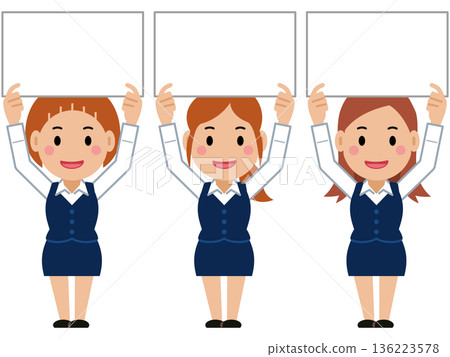 A young woman in a navy office uniform holding up a sign. Part 2 136223578