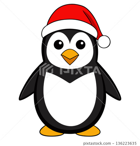 Cartoon penguin wearing a Santa Claus hat for Christmas time illustration Cartoon penguin wearing a Santa Claus hat for Christmas time illustration 136223635