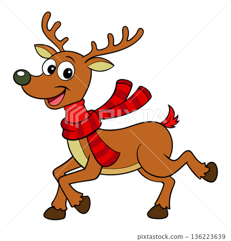 Cartoon Reindeer with Scarf Running Merrily Through the Snow Cartoon Reindeer with Scarf Running Merrily Through the Snow 136223639