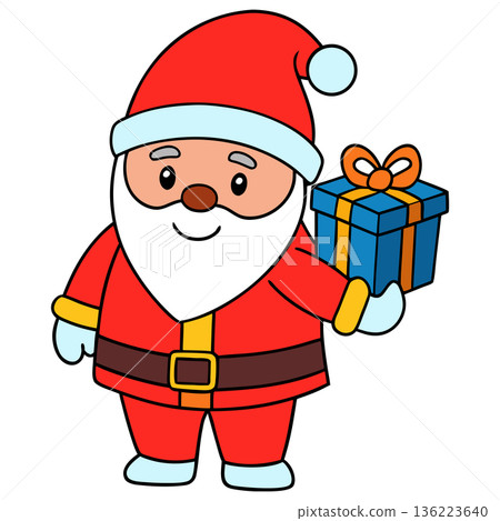 Cartoon Santa Claus Illustration Holding a Wrapped Present with a Bow Cartoon Santa Claus Illustration Holding a Wrapped Present with a Bow 136223640