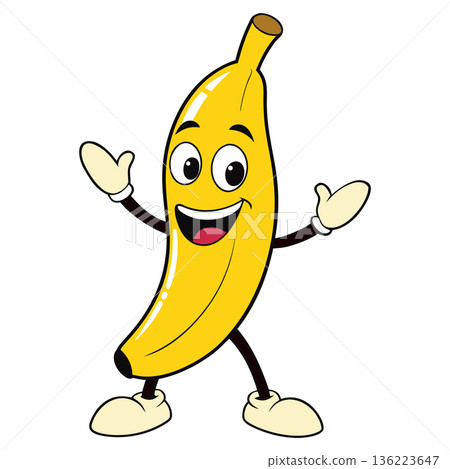 Cheerful Banana Cartoon Character Smiling with Open Arms and Legs Stance Cheerful Banana Cartoon Character Smiling with Open Arms and Legs Stance 136223647