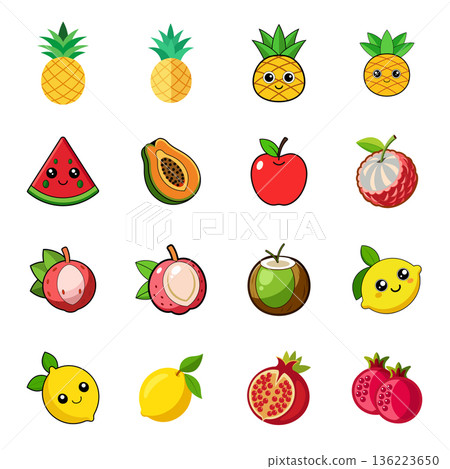 Cheerful Cartoon Fruit Collection Pineapple Watermelon Apple Pomegranate and More Cheerful Cartoon Fruit Collection Pineapple Watermelon Apple Pomegranate and More 136223650
