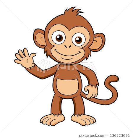 Cheerful Cartoon Monkey Waving Hand Illustration for Kids Design Projects 136223651