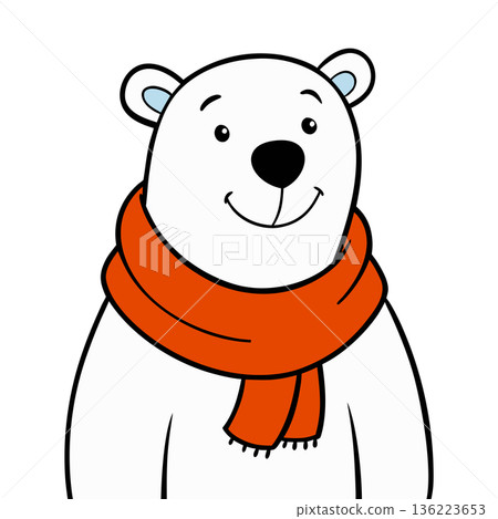 Cheerful Cartoon Polar Bear Wearing a Cozy Scarf Illustration Design Cheerful Cartoon Polar Bear Wearing a Cozy Scarf Illustration Design 136223653