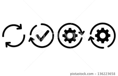 Workflow automation with arrows check mark and gear icons for system Workflow automation with arrows check mark and gear icons for system 136223658