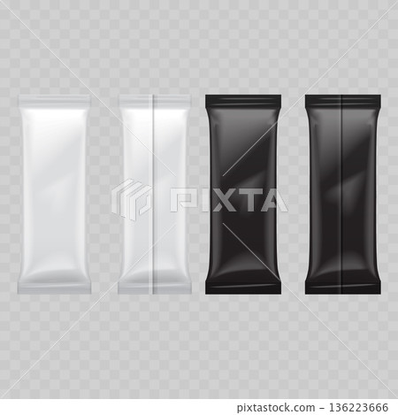 Realistic White and Black Stick Pack Mockup Set. Vector Foil Sachet Template with Front and Back View. Realistic White and Black Stick Pack Mockup Set. Vector Foil Sachet Template with Front and Back View. 136223666