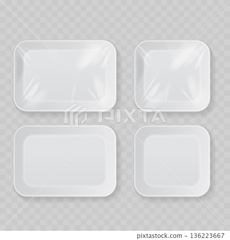 Realistic White Styrofoam Food Tray Set. Vector Rectangular and Square Containers with Plastic Wrap. 136223667
