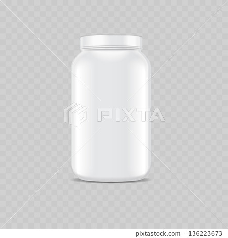 Realistic White Plastic Jar Mockup. Vector Cylinder Container Template for Protein Powder, Supplements or Cream. 136223673