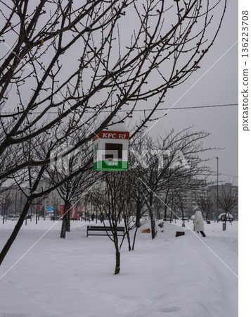 Lviv Ukraine 01.15.26 Suspended food box hangs from tree branches in snowy park Lviv Ukraine 01.15.26 Suspended food box hangs from tree branches in snowy park 136223708