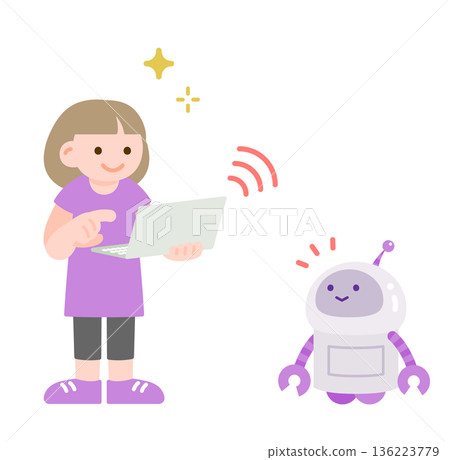 插圖描繪了一個孩子在筆記型電腦上學習，旁邊還有一個人工智慧機器人。 136223779