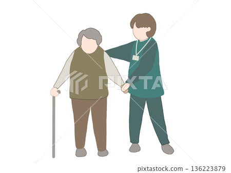 Color illustration of a faceless old man and his caregiver walking together 136223879