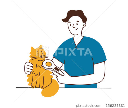 Male veterinarian microchipping cat during clinic visit, pet identification and safety procedure. Flat cartoon vector illustration about veterinary care, animal health, pet services theme 136223881
