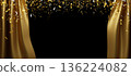 Elegant gold stage curtain with golden and silver confetti falling isolated on black background with copy space for luxury opening 3D render 136224082