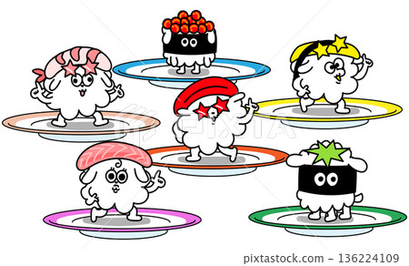 Conveyor belt sushi character set: salmon roe, shrimp, salmon, tuna, egg, and kappa roll 136224109