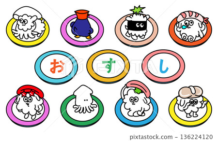 Sushi character set, loose hand-drawn style illustration Sushi character set, loose hand-drawn style illustration 136224120