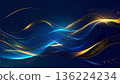A luxurious abstract background with flowing blue and gold curves and sparkling light particles 136224234