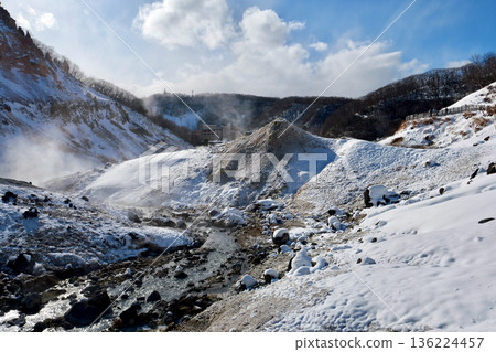 Noboribetsu Jigokudani on a clear winter day, with hot springs flowing like rivers Noboribetsu Jigokudani on a clear winter day, with hot springs flowing like rivers 136224457