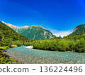 背景中可見梓川和巍峨的奧穗高山。 136224496