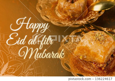 Celebration of Eid al-Fitr with desserts and festive greetings 136224617
