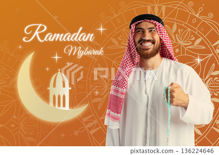 Celebrating Ramadan with a man holding prayer beads and smiling happily Celebrating Ramadan with a man holding prayer beads and smiling happily 136224646
